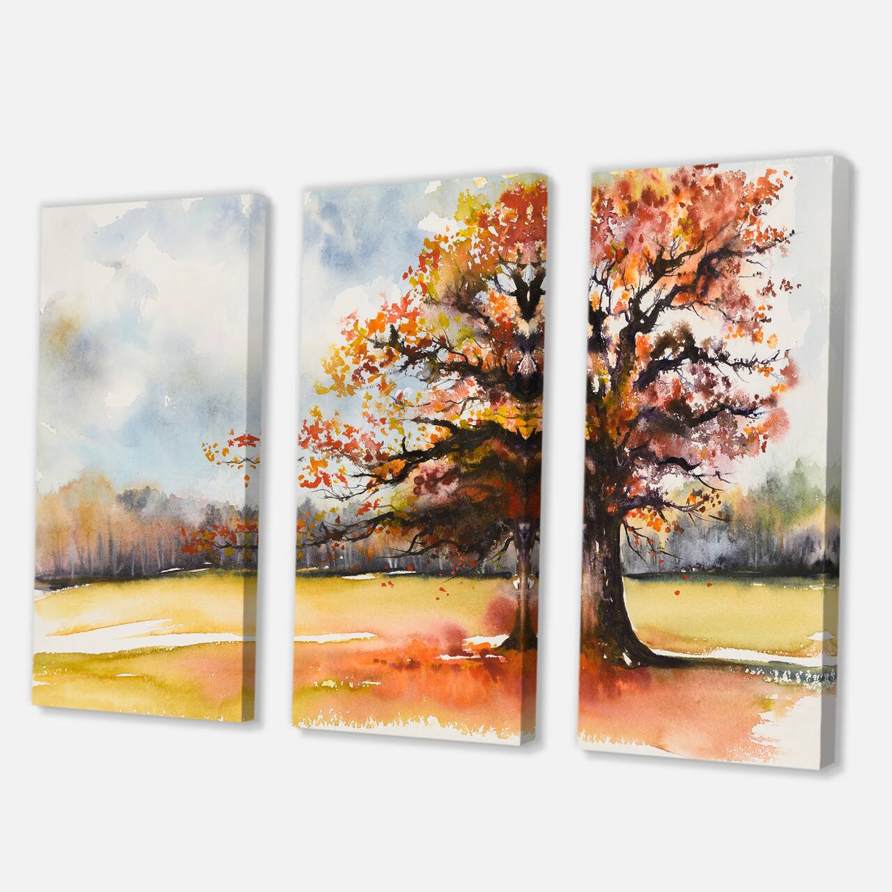 Designart - Lone Oak In The Fields With Autum Leaves - Traditional Canvas Wall Art Print